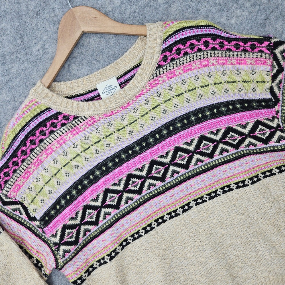 NEW St Johns Bay Sweater Women's XL Tan Fair Isle Pink Green Geometric Knit NWT